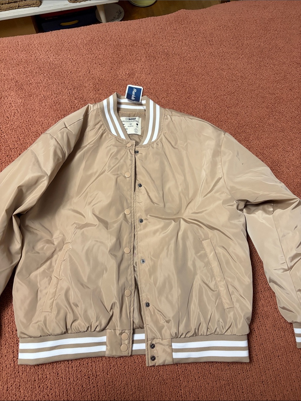 Ci Sono Beige Bomber Jacket with White Stripe Trim